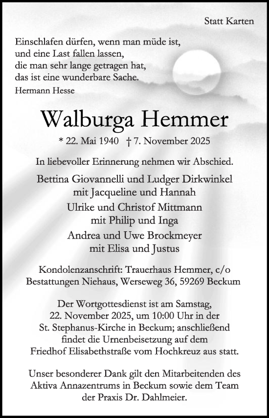 Traueranzeige von Walburga Hemmer von Die Glocke