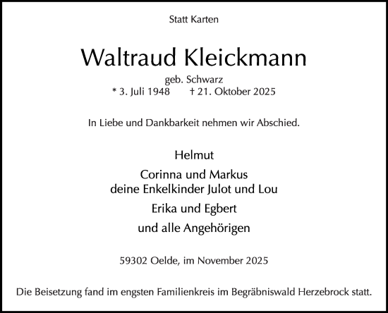 Traueranzeige von Waltraud Kleickmann von Die Glocke