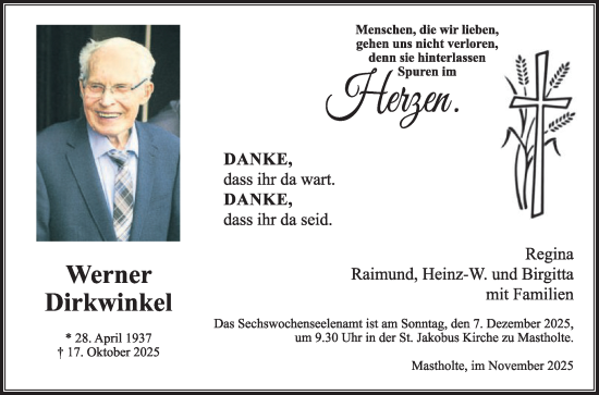 Traueranzeige von Werner Dirkwinkel von Die Glocke