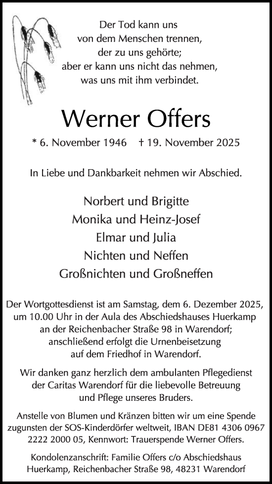 Traueranzeige von Werner Offers von Die Glocke