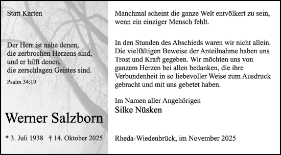 Traueranzeige von Werner Salzborn von Die Glocke