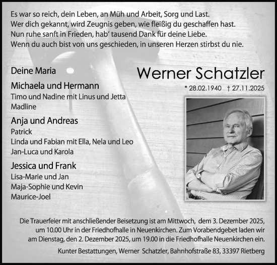 Traueranzeige von Werner Schatzler von Die Glocke
