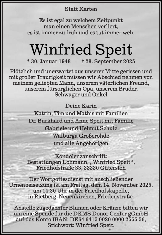 Traueranzeige von Winfried Speit von Die Glocke