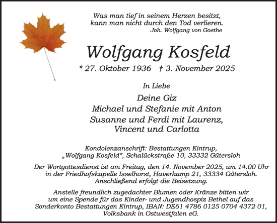 Traueranzeige von Wolfgang Kosfeld von Die Glocke
