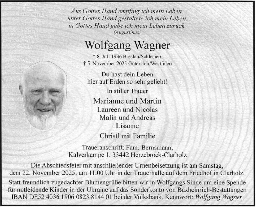  Traueranzeige für Wolfgang Wagner vom 15.11.2025 aus Die Glocke
