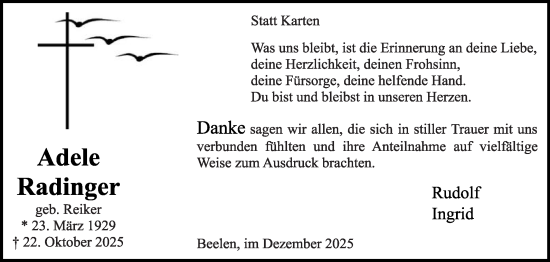 Traueranzeige von Adele Radinger von Die Glocke
