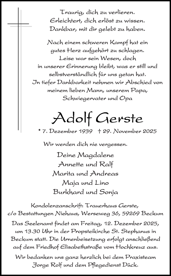 Traueranzeige von Adolf Gerste von Die Glocke
