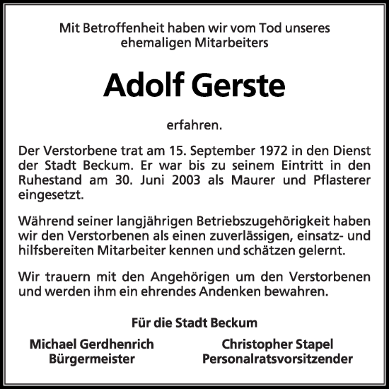 Traueranzeige von Adolf Gerste von Die Glocke
