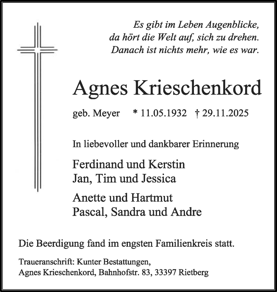  Traueranzeige für Agnes Krieschenkord vom 06.12.2025 aus Die Glocke