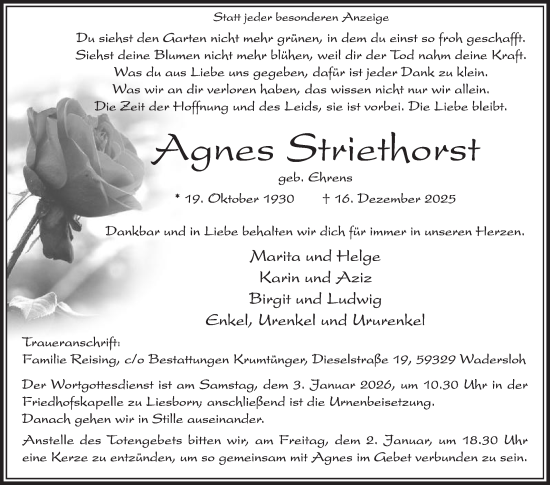 Traueranzeige von Agnes Striethorst von Die Glocke