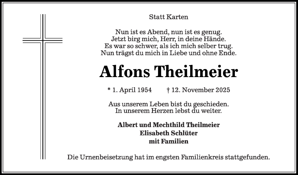  Traueranzeige für Alfons Theilmeier vom 13.12.2025 aus Die Glocke