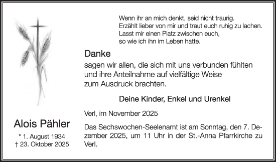 Traueranzeige von Alois Pähler von Die Glocke
