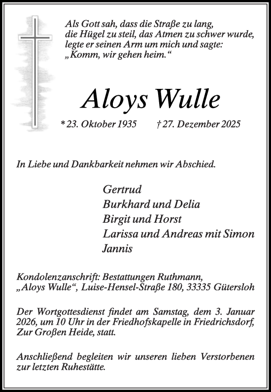 Traueranzeige von Aloys Wulle von Die Glocke