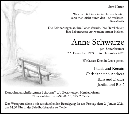 Traueranzeige von Anne Schwarze von Die Glocke