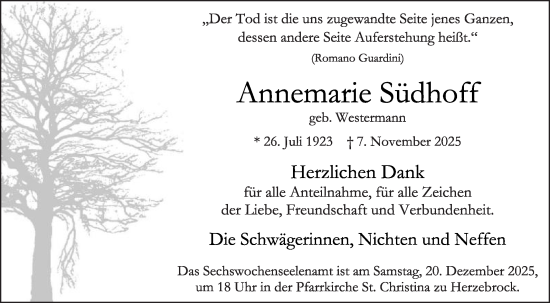 Traueranzeige von Annemarie Südhoff von Die Glocke