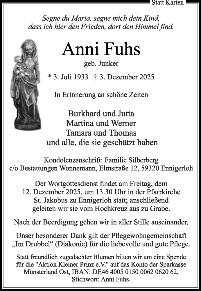  Traueranzeige für Anni Fuhs vom 06.12.2025 aus Die Glocke