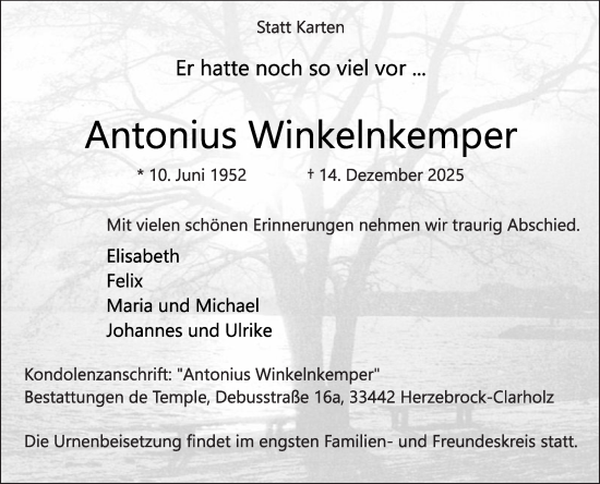 Traueranzeige von Antonius Winkelnkemper von Die Glocke