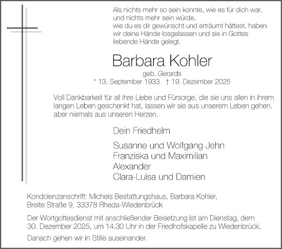 Traueranzeige von Barbara Kohler von Die Glocke