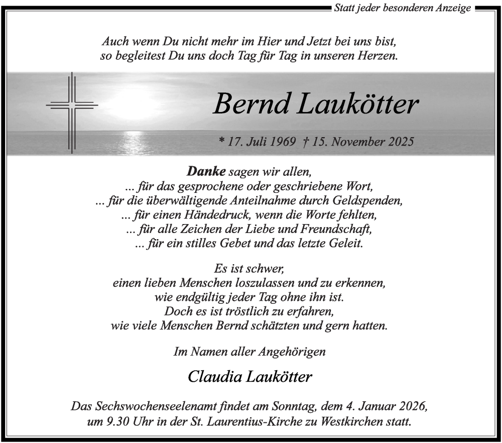  Traueranzeige für Bernd Laukötter vom 24.12.2025 aus Die Glocke