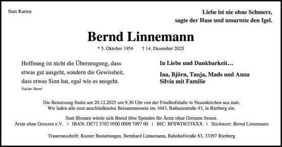 Traueranzeige von Bernd Linnemann von Die Glocke