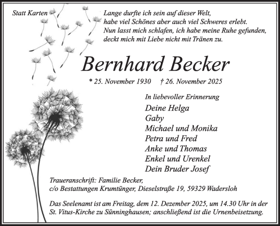 Traueranzeige von Bernhard Becker von Die Glocke