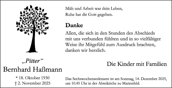Traueranzeige von Bernhard Hamann von Die Glocke
