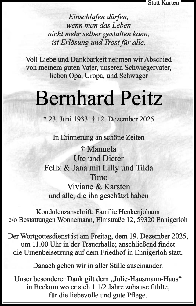  Traueranzeige für Bernhard Peitz vom 16.12.2025 aus Die Glocke