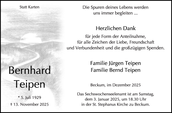 Traueranzeige von Bernhard Teipen von Die Glocke