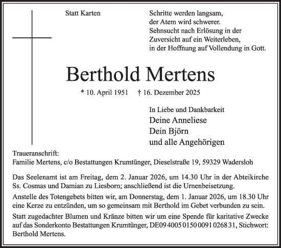 Traueranzeige von Berthold Mertens von Die Glocke