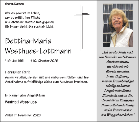 Traueranzeige von Bettina-Maria Westhues-Lottmann von Die Glocke