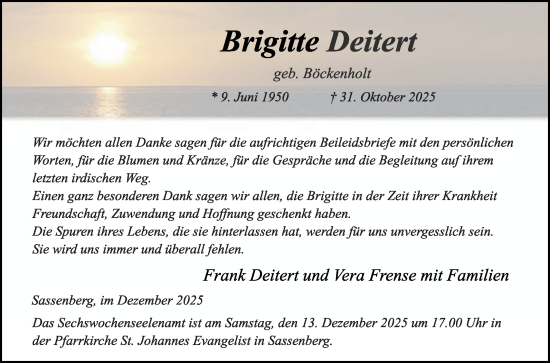 Traueranzeige von Brigitte Deitert von Die Glocke