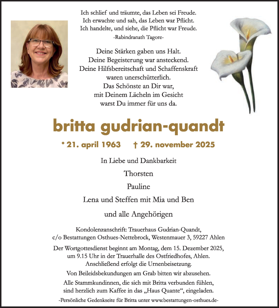  Traueranzeige für Britta Gudrian-Quandt vom 06.12.2025 aus Die Glocke