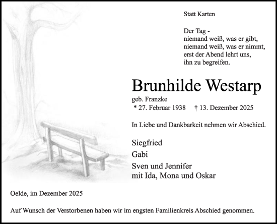Traueranzeige von Brunhilde Westarp von Die Glocke