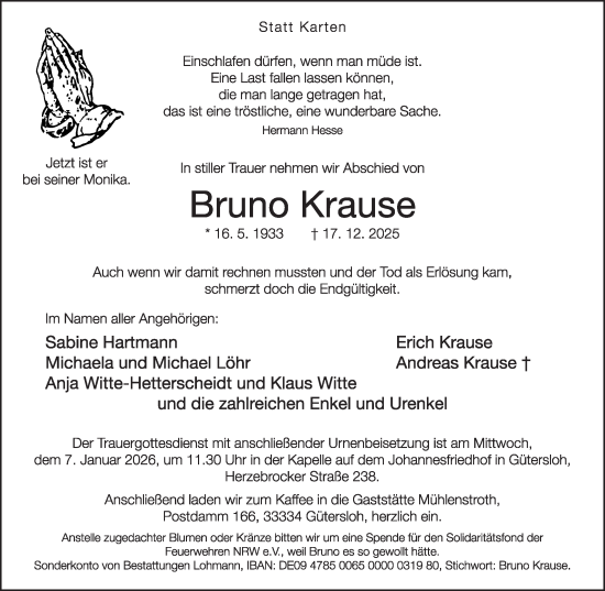 Traueranzeige von Bruno Krause von Die Glocke