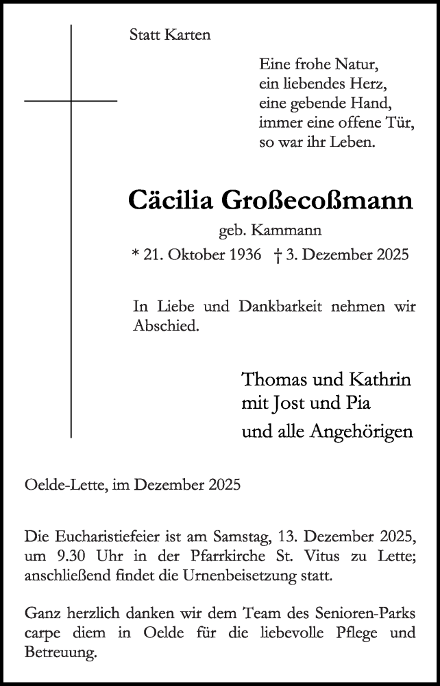  Traueranzeige für Cäcilia Grolecoßmann vom 10.12.2025 aus Die Glocke