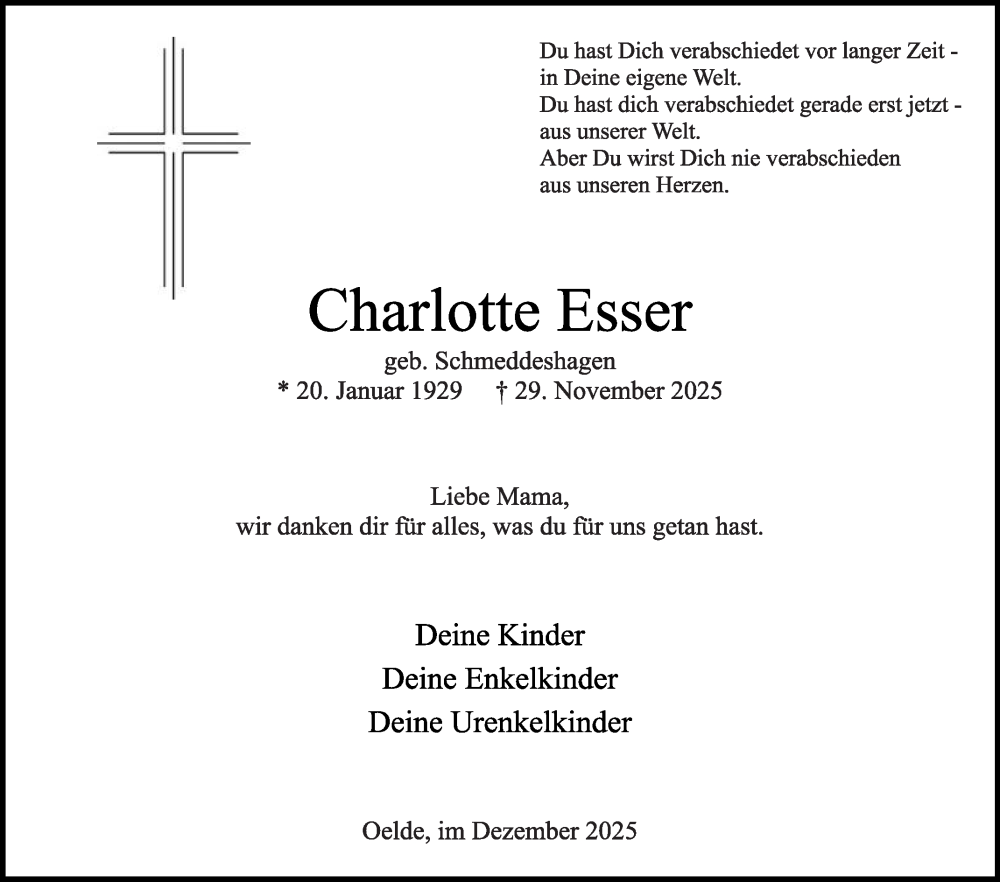  Traueranzeige für Charlotte Esser vom 06.12.2025 aus Die Glocke