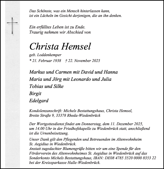 Traueranzeige von Christa Hemsel von Die Glocke