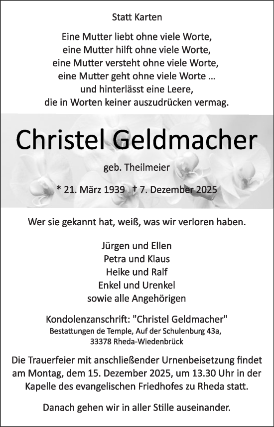 Traueranzeige von Christel Geldmacher von Die Glocke