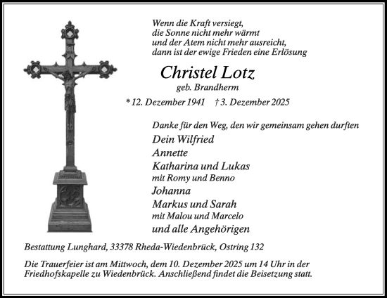 Traueranzeige von Christel Lotz von Die Glocke