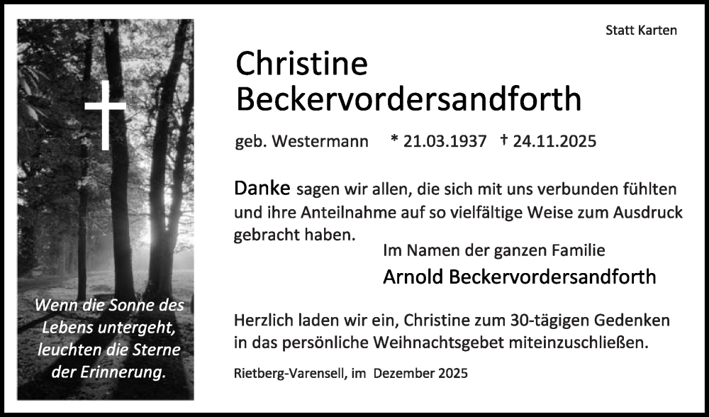  Traueranzeige für Christine Beckervordersandforth vom 20.12.2025 aus Die Glocke