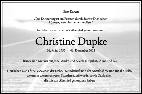 Traueranzeige von Christine Dupke von Die Glocke