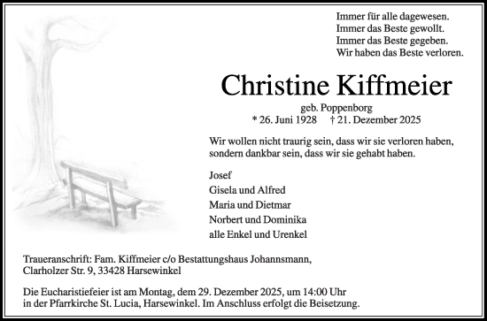 Traueranzeige von Christine Kiffmeier von Die Glocke