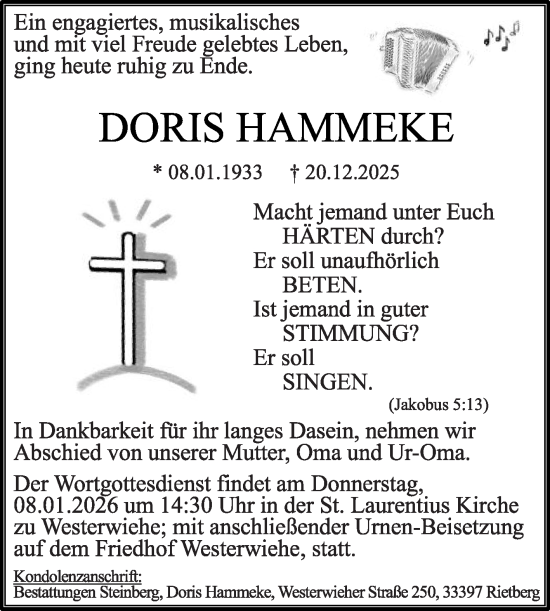 Traueranzeige von Doris Hammeke von Die Glocke