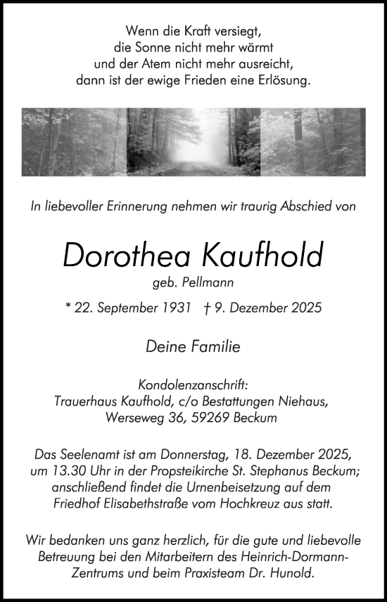 Traueranzeige von Dorothea Kauthold von Die Glocke