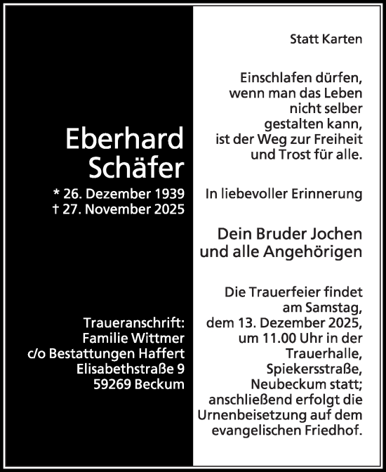 Traueranzeige von Eberhard Schäfer von Die Glocke