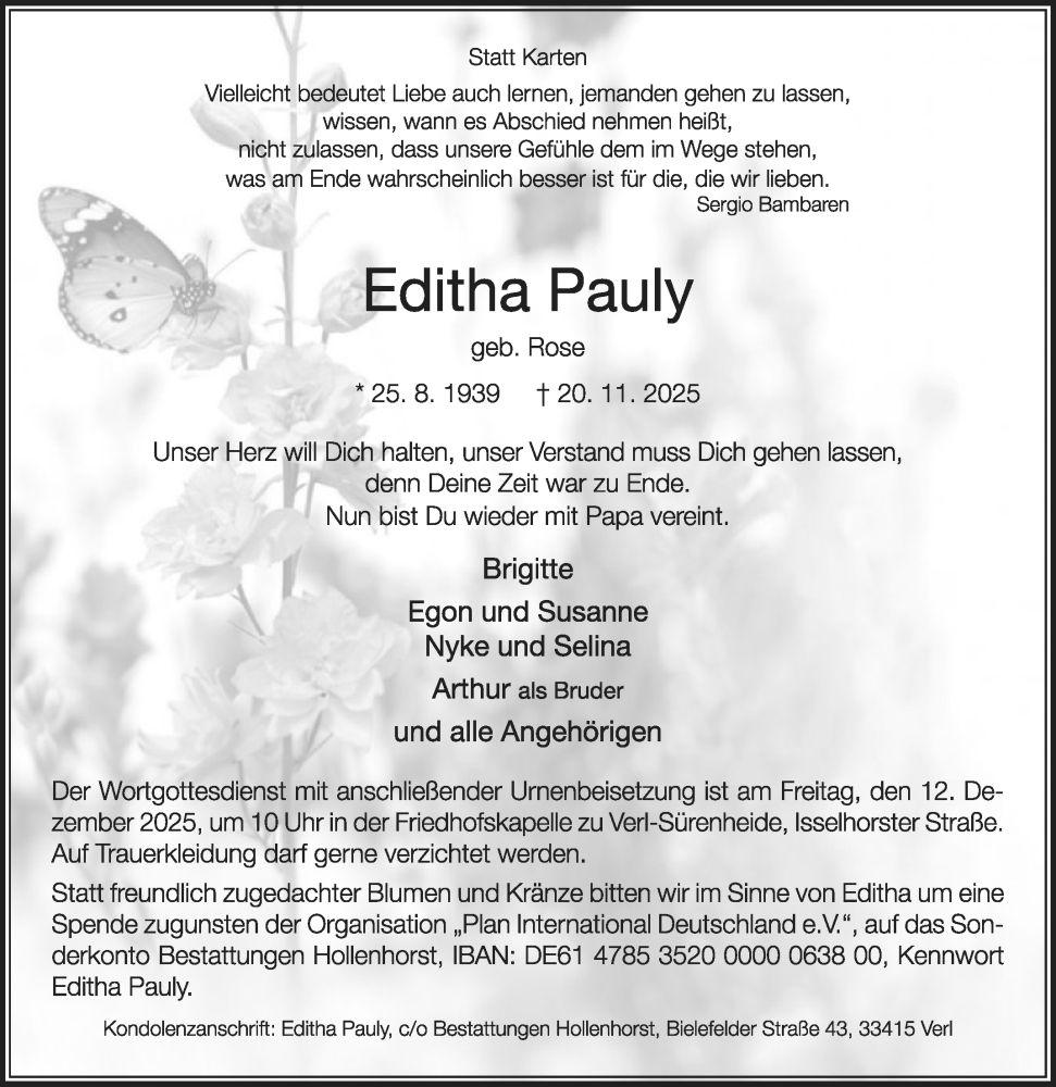  Traueranzeige für Editha Pauly vom 06.12.2025 aus Die Glocke