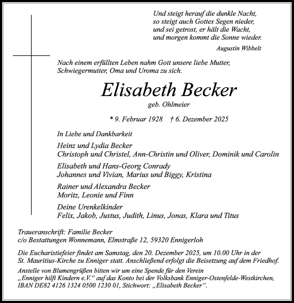  Traueranzeige für Elisabeth Becker vom 13.12.2025 aus Die Glocke
