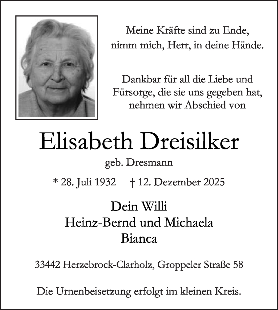  Traueranzeige für Elisabeth Dreisilker vom 20.12.2025 aus Die Glocke