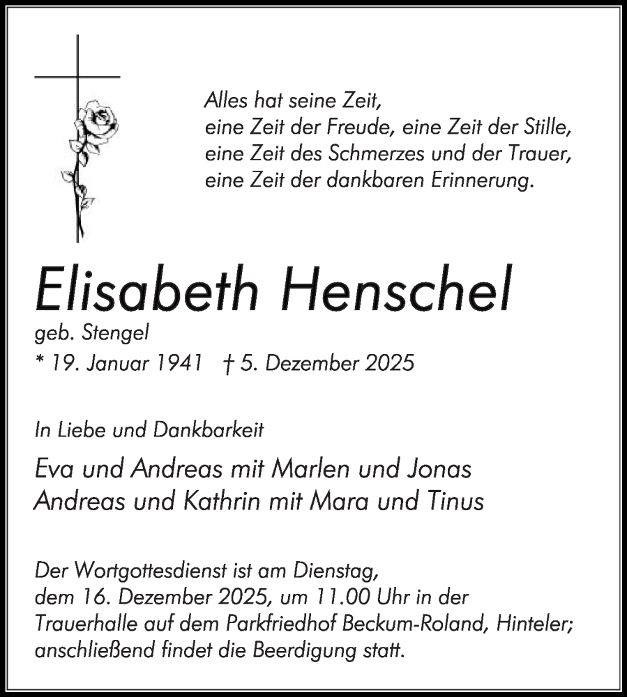  Traueranzeige für Elisabeth Henschel vom 13.12.2025 aus Die Glocke