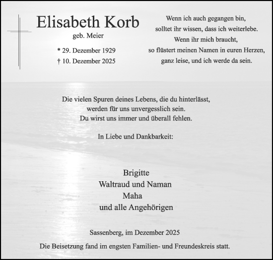 Traueranzeige von Elisabeth Korb von Die Glocke